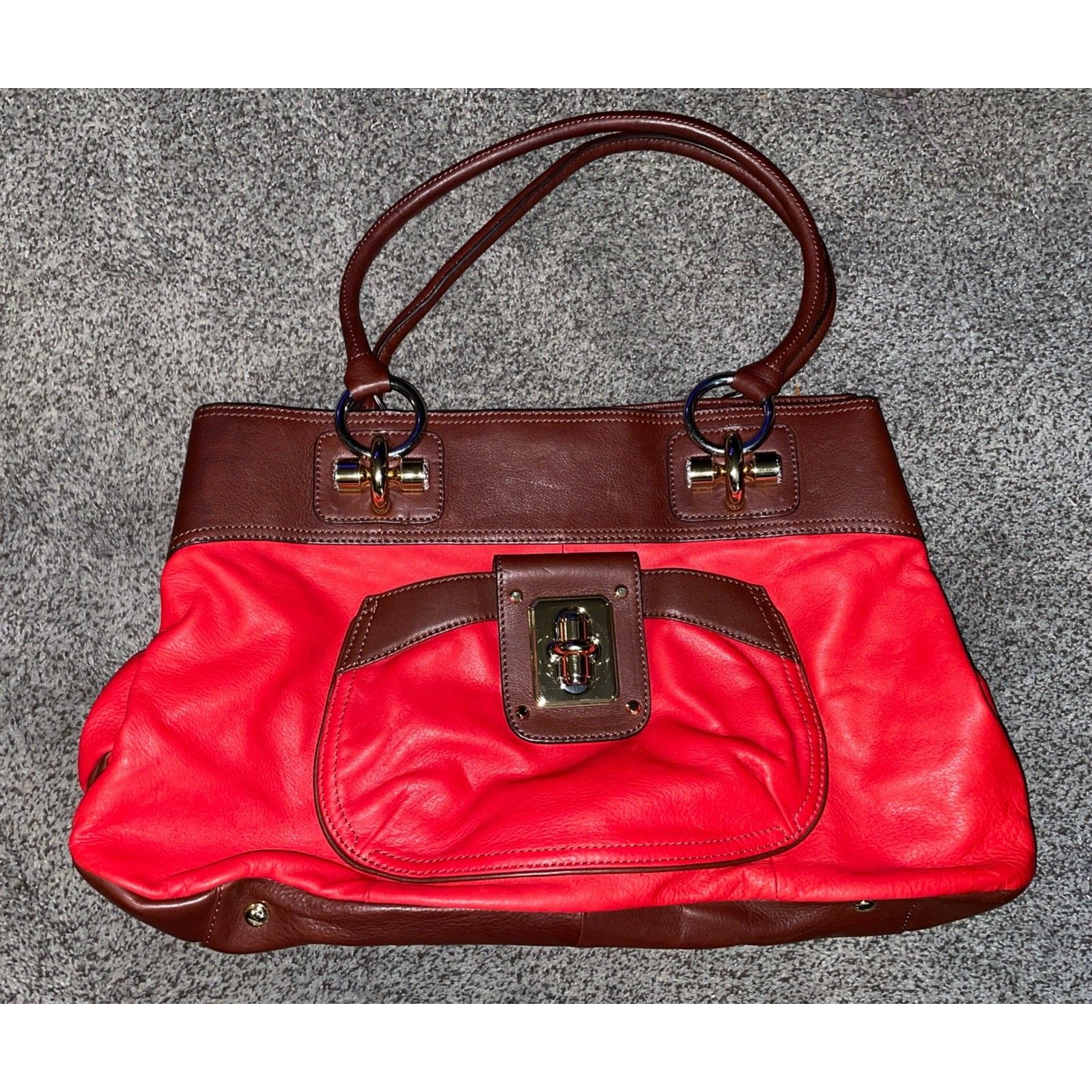 B Makowsky Large Red Brown Leather Trim Handbag Purse